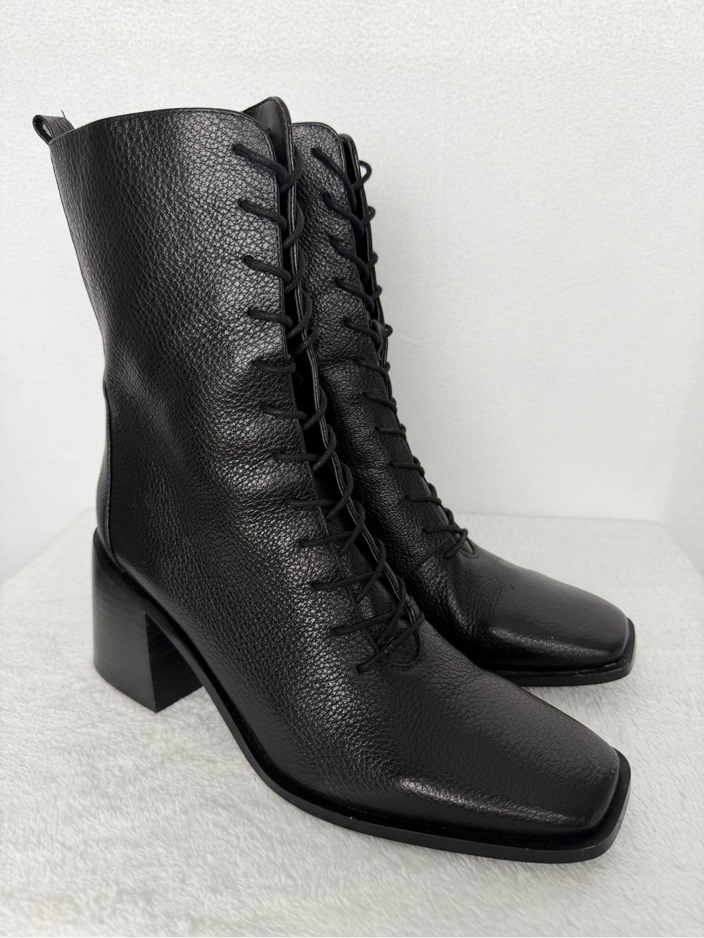 Sam Edelman Westie Black Leather Lace-Up Square Toe Block Heel Boots Sz 11 EUC